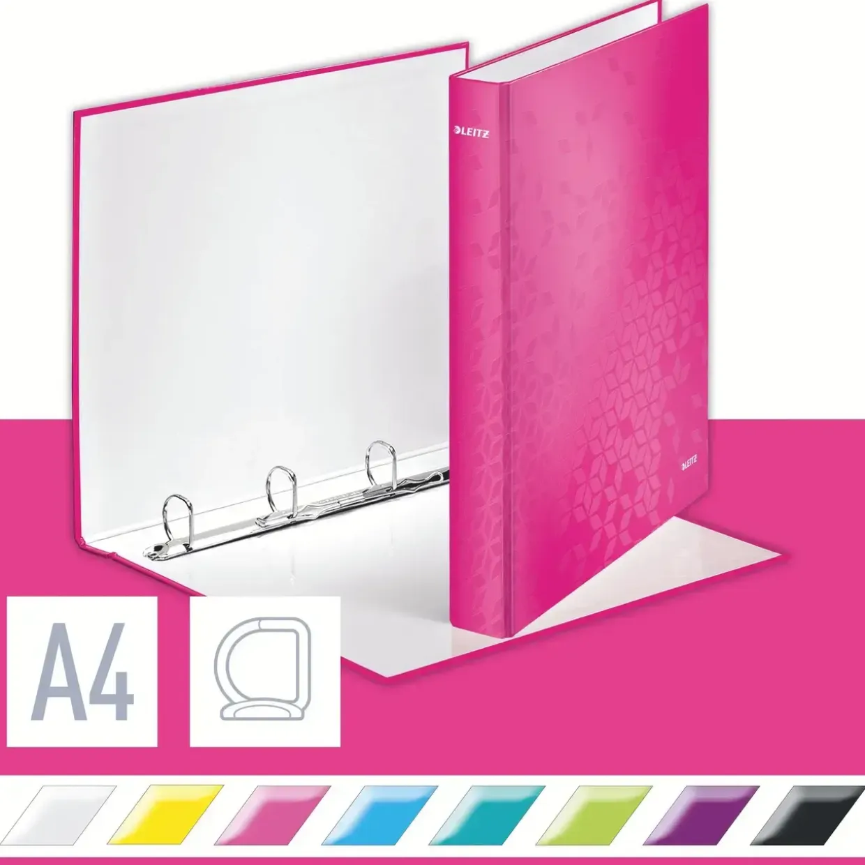 Ringbind Leitz WOW A4+ 4DR/25mm pink - Køb minimum 10 stk.