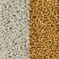 Rocaiperler, str. 15/0 , hulstr. 0,5-0,8 mm, guld, sølv, 2x7g