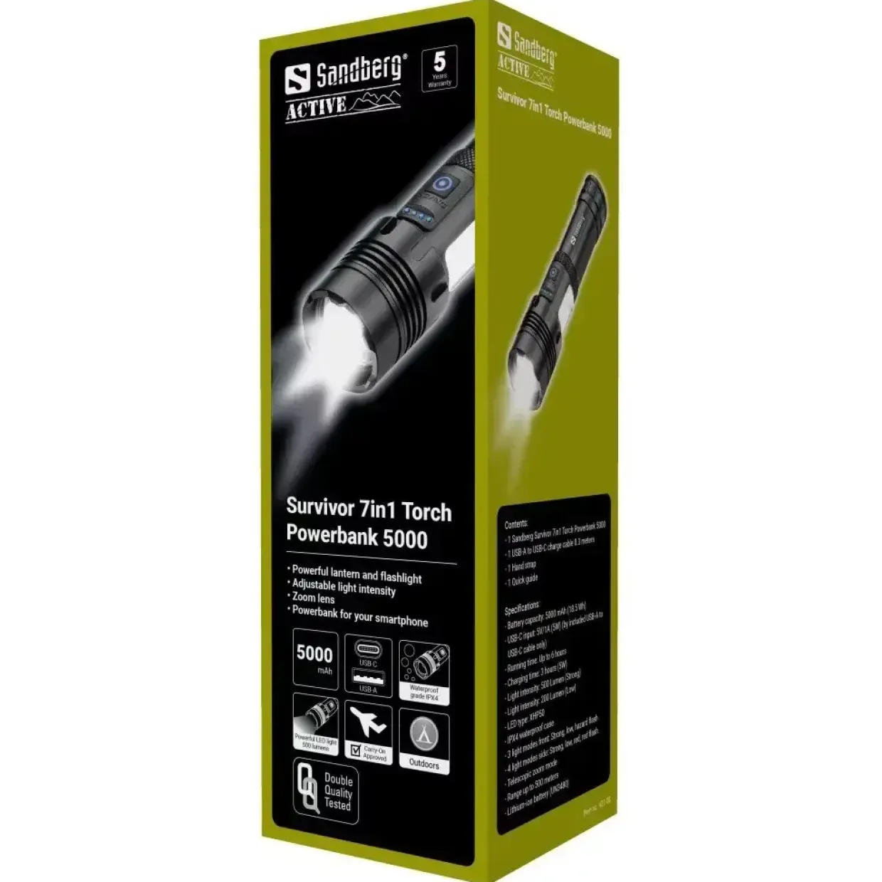 Sandberg, Lommelygte, Survivor 7in1 Torch Powerbank - Sort