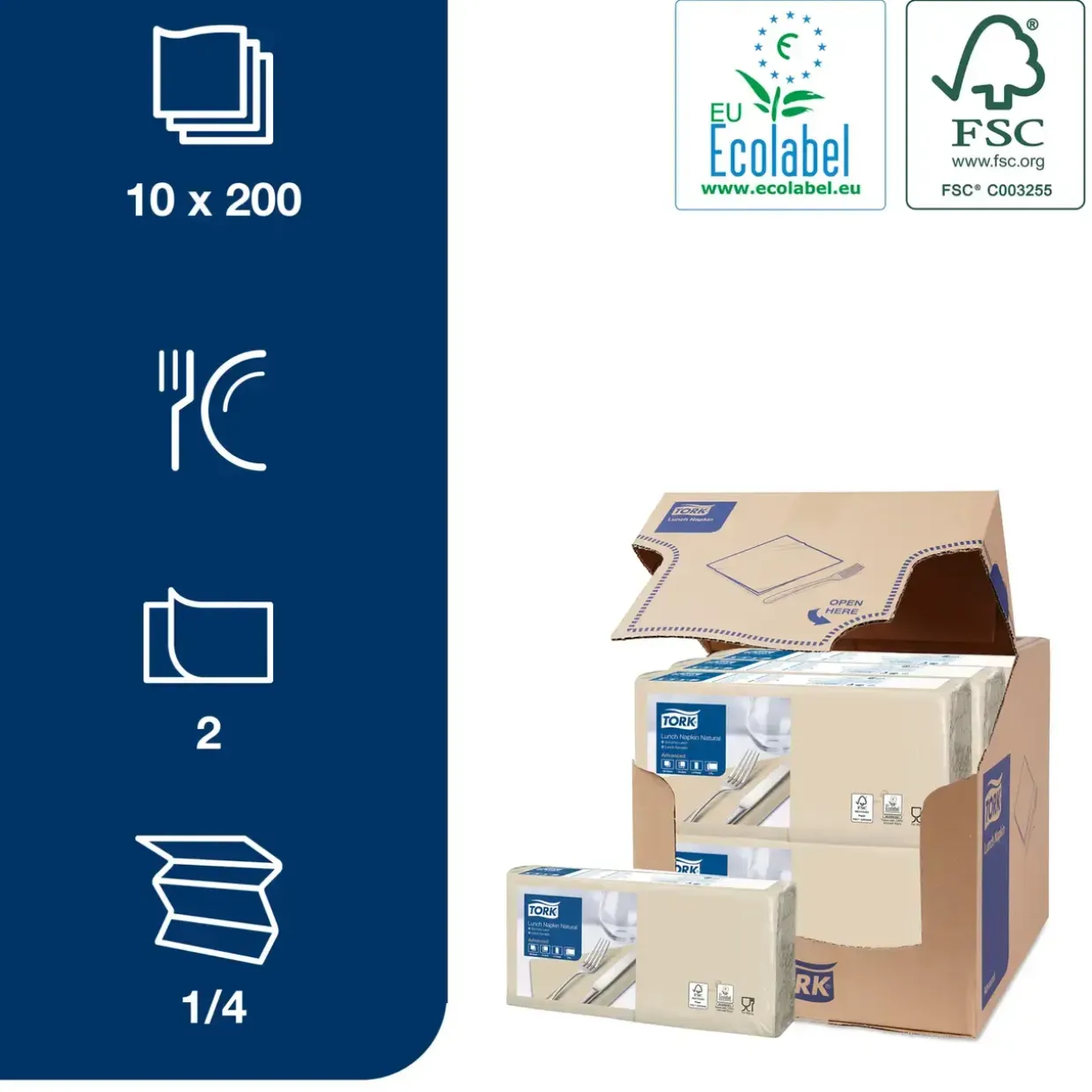 Servietter Tork 477350 - 2-lags 1|4 fold 33cm natur 200stk|pak - 10 stk