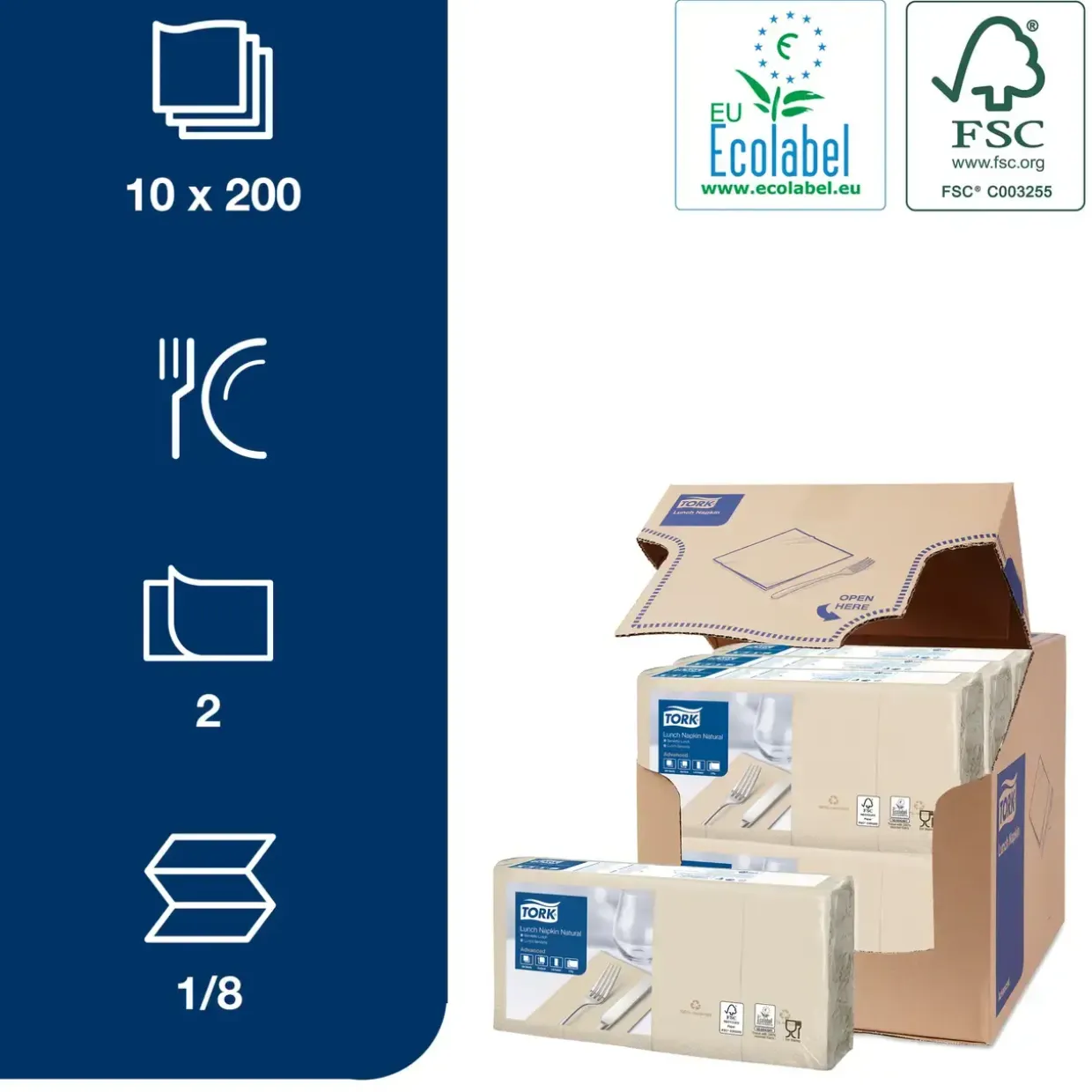 Servietter Tork 477351 - 2-lags 1|8 fold 33cm natur 200stk|pak - 10 stk