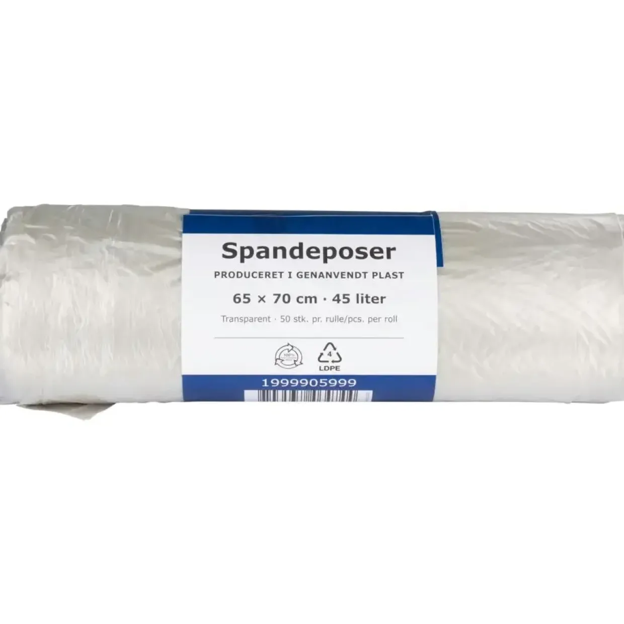 Spandepose, 45 l, klar, LDPE/genanvendt, 65x70cm, produceret i 100% genanvendt plast - 12 ruller