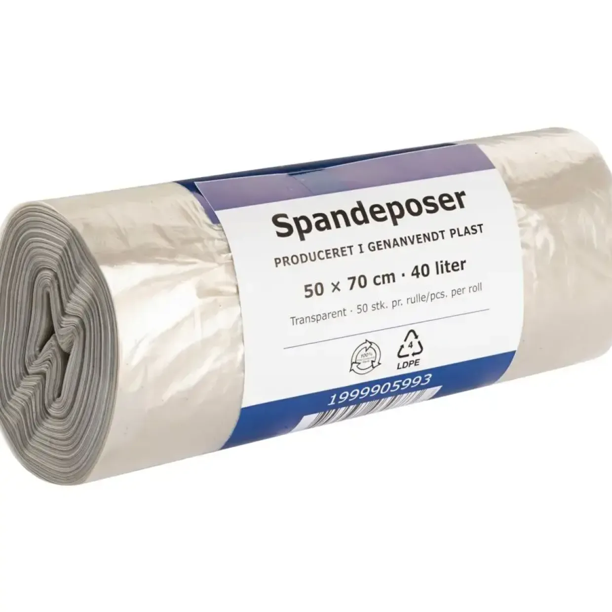 Spandepose, 40 l, klar, LDPE/genanvendt, 50x70cm, produceret i 100% genanvendt plast - 24 ruller