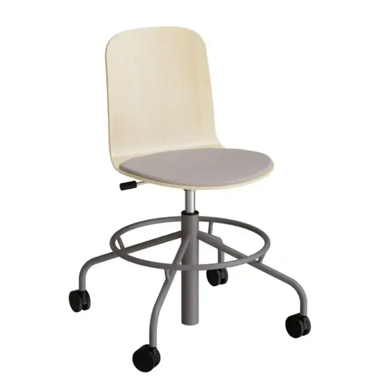 Stol ADD 5903, Fodkryds og hjul, Hvidpigmenteret eg laminat, Sæde med gråt tekstil, Gråt stel
