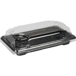 Sushibakke og låg, ABENA Cater-Line, 1, 16x9x4,5cm, sort, RPET, med gennemsigtigt låg, rektangulær - 400 stk