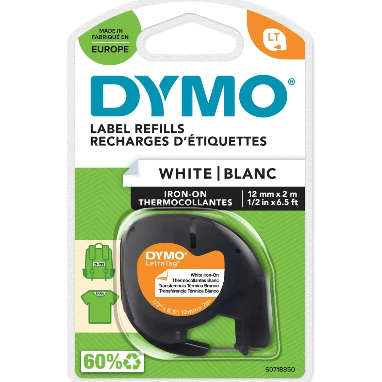 Tape - Dymo LetraTAG - Stryg-på - Hvid - 12 mm x 2 m - 1 rulle