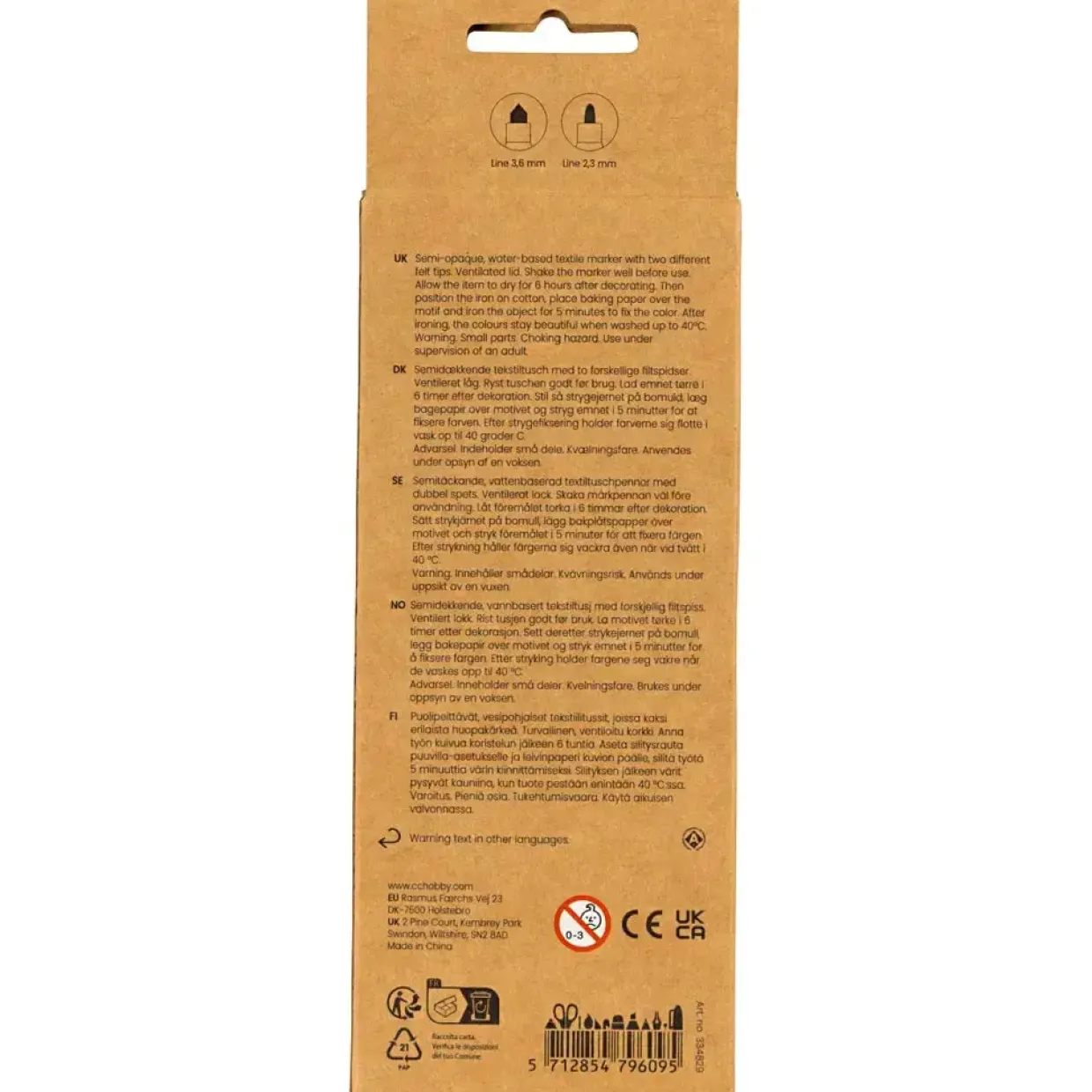 Tekstiltusch, streg 2,3+3,6 mm, pastelfarver, 6 stk./ 1 pk.