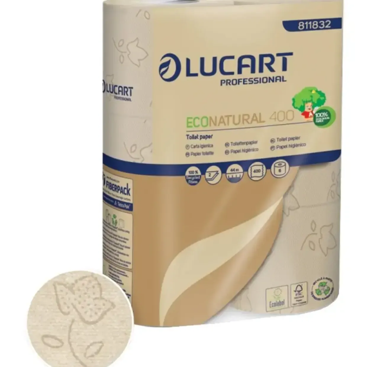 T3 Natural wc papir Lucart 2-lags perforeret sand 9,6 cm x 44 meter - 400 ark - 30 stk