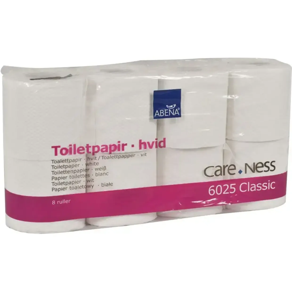 Toiletpapir, ABENA Care-Ness Classic, 2-lags, 34,5m x 9,4cm , Ø10cm, hvid, genanvendt papir - 8 pakker