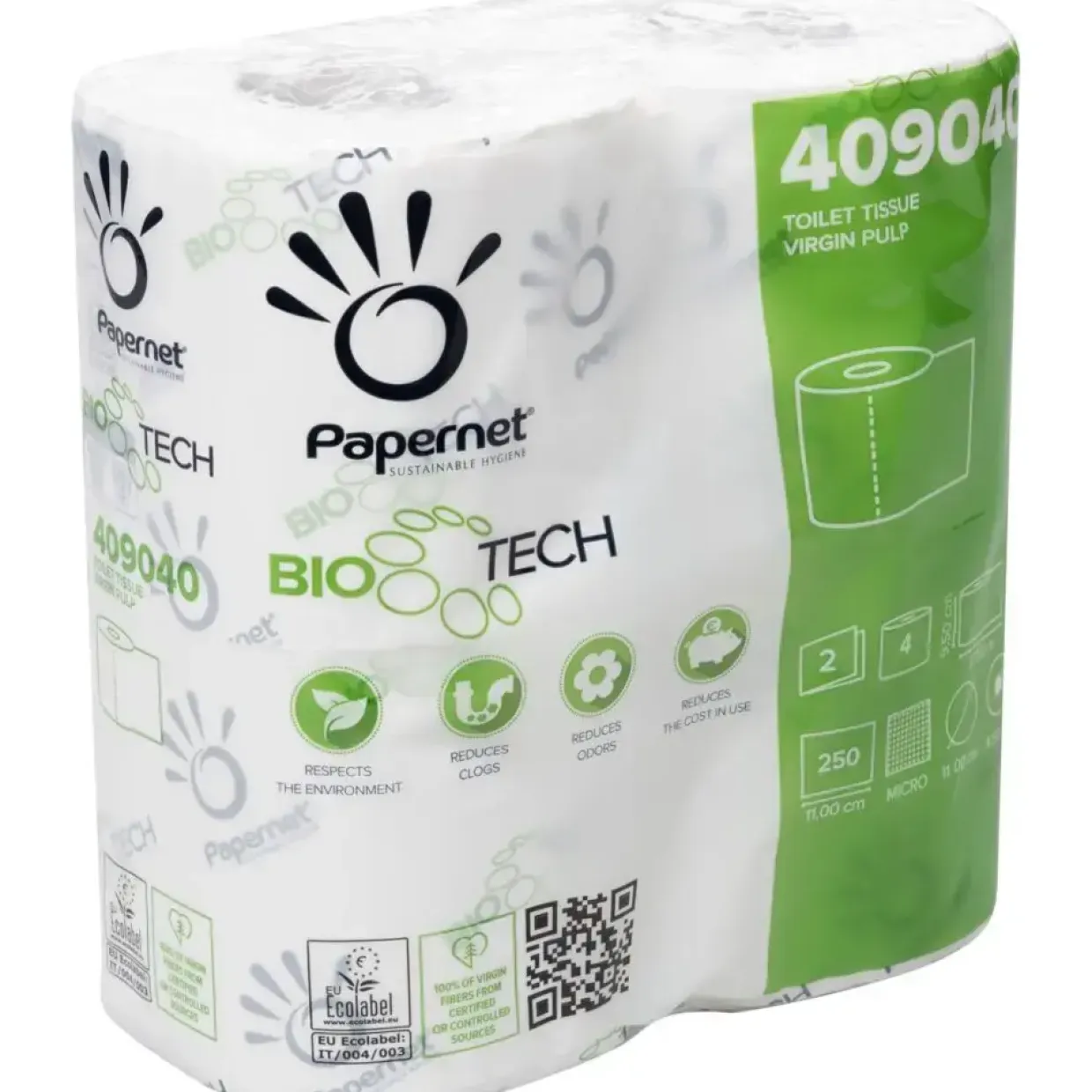 Toiletpapir - Biotech - 2-lags - Hvid - 9,5 cm x 28 m - 250 ark pr. rulle - 96 ruller