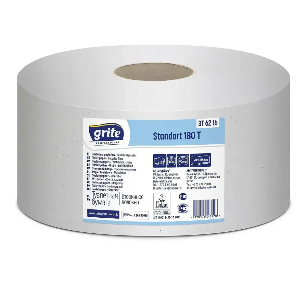 Toiletpapir Grite Jumbo Mini 2-lag Ø19cm L180mxB9cm Genbrugsfiber Hvid - 12 rl/krt