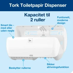 Toiletpapirholder - Tork 557000 T4 Twin - Hvid - Til 2 ruller