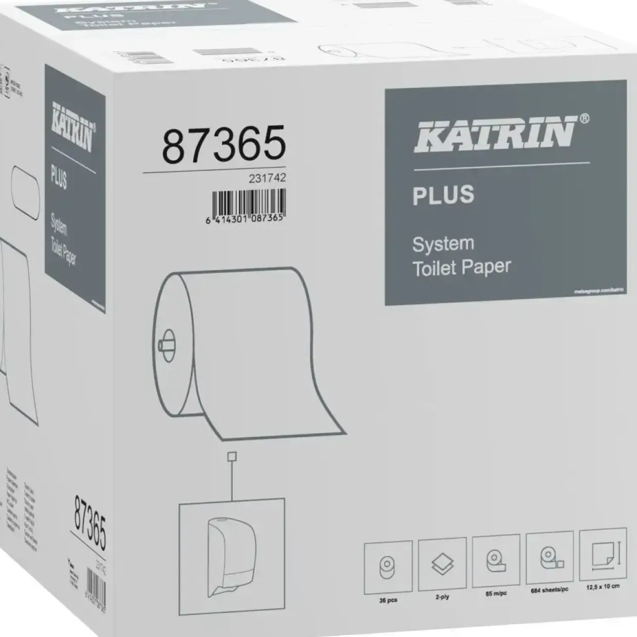 Toiletpapir - Katrin 87365 Plus - 2-lags - 85,5 m x 10 cm - Hvid - 36 ruller