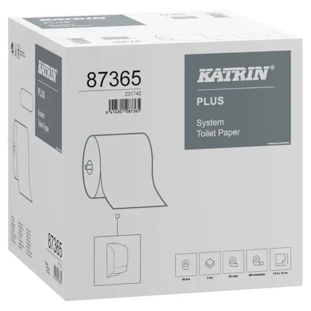 Toiletpapir – Katrin Plus System – 2-lags – 85 m – 36 ruller pr. karton