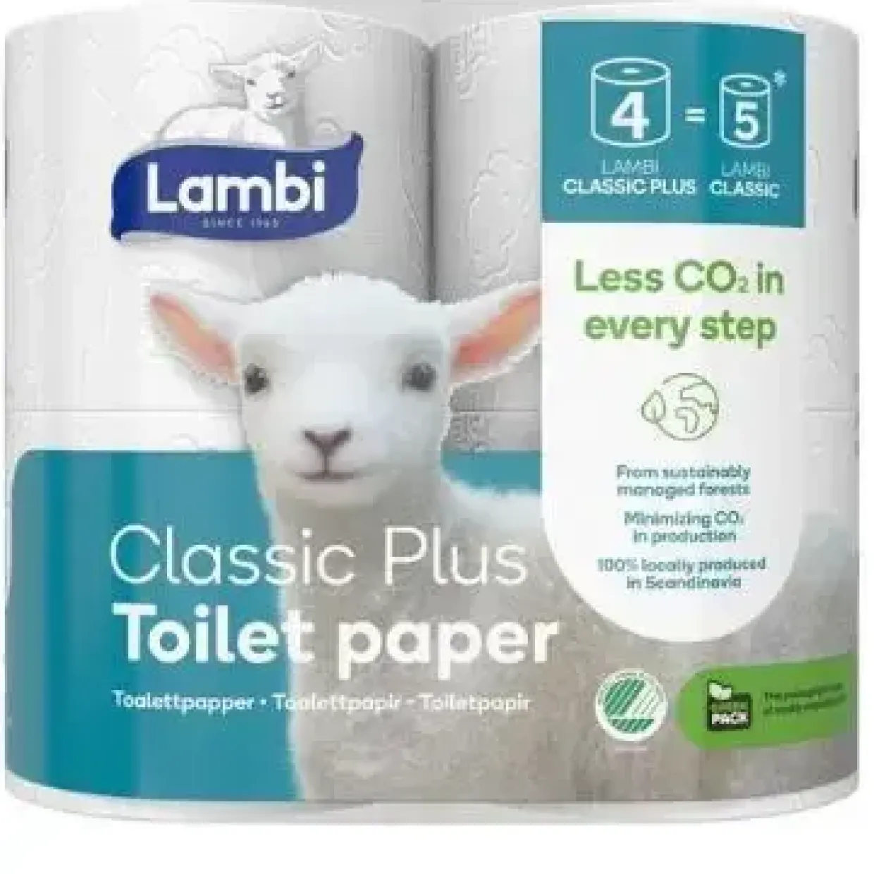 Toiletpapir - Lambi - Classic Plus - 3-lag - L25.5m - Hvid - 7 pk x 4 rl/sæk