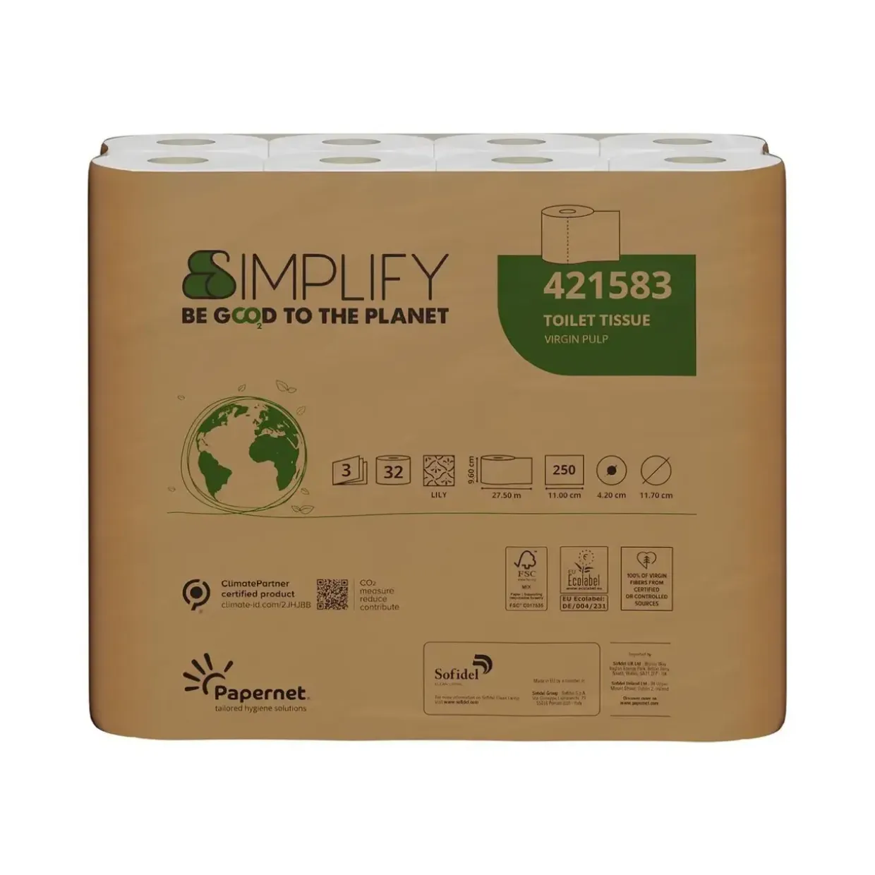 Toiletpapir Papernet Simplify 3-lag Ø11.7cm L27.5mxB9.60cm Nyfiber Hvid - 32 rl/krt