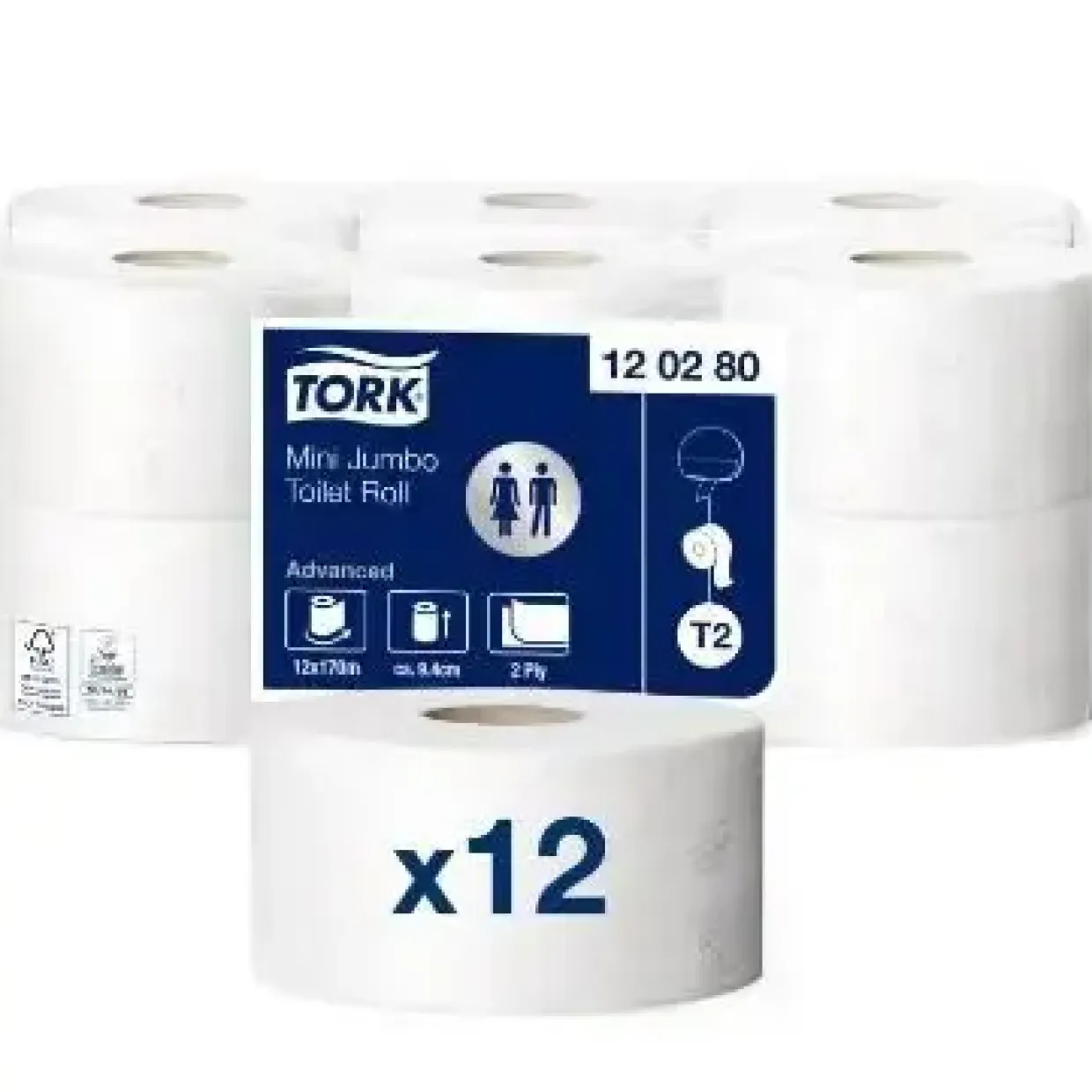 Toiletpapir Tork 120280 Advanced T2 Jumbo Mini 2-lag 170m - 12 rl/krt