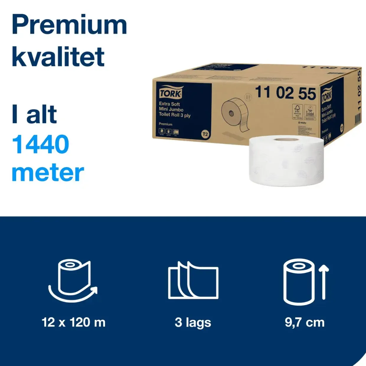 Toiletpapir Tork 110255 Jumbo Mini T2 Premium ES 3-lag - 12 Jumbo ruller
