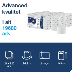 Toiletpapir Tork 472630 OptiServe T7 2-lags hvid u/hylse 94,3m - 24 ruller