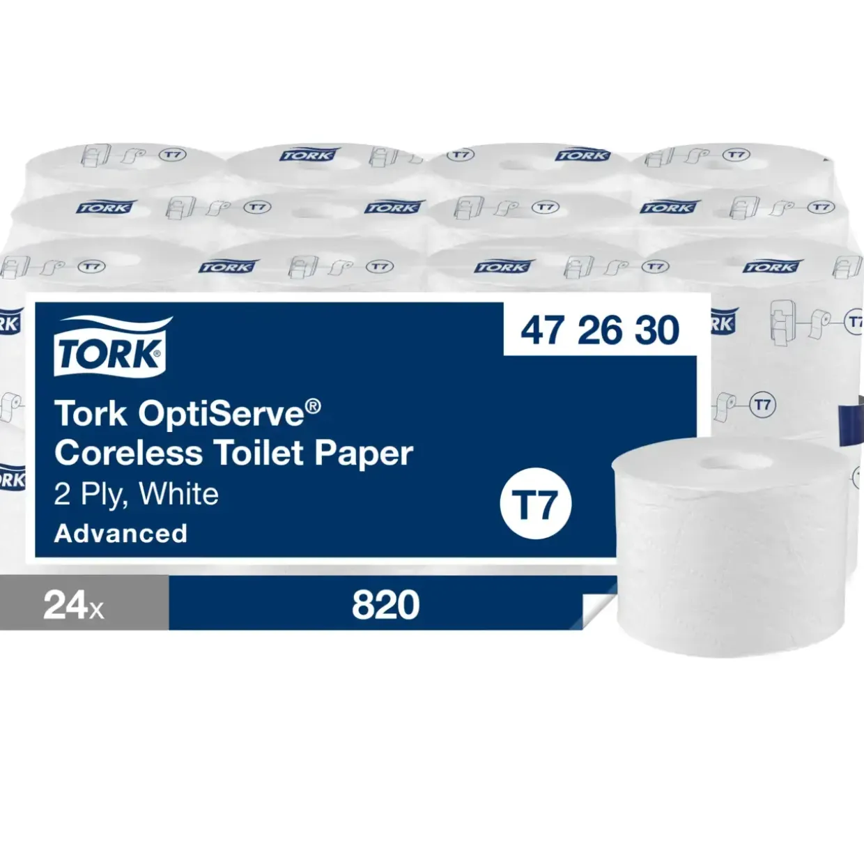 Toiletpapir Tork 472630 OptiServe T7 2-lags hvid u/hylse 94,3m - 24 ruller