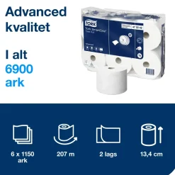 Toiletpapir Tork T8 Advanced 472242 - 2-lags 207m x 13,4cm Ø19,9cm hvid blandingsfibre - 6 stk