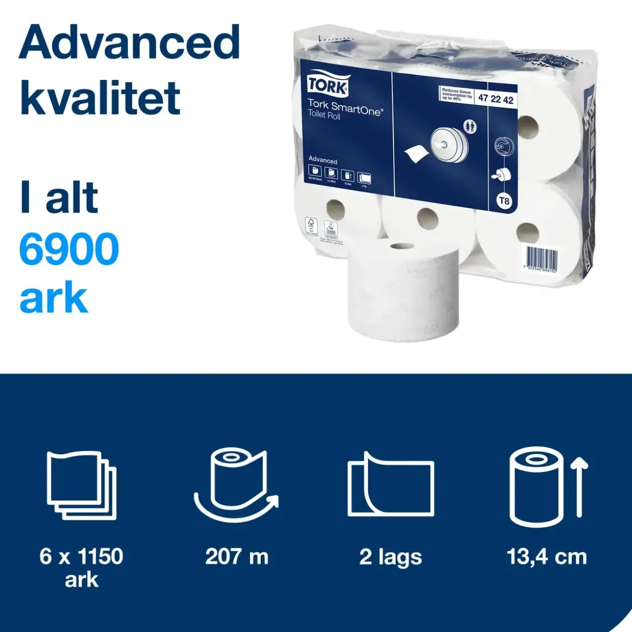 Toiletpapir Tork T8 Advanced 472242 - 2-lags 207m x 13,4cm Ø19,9cm hvid blandingsfibre - 6 stk