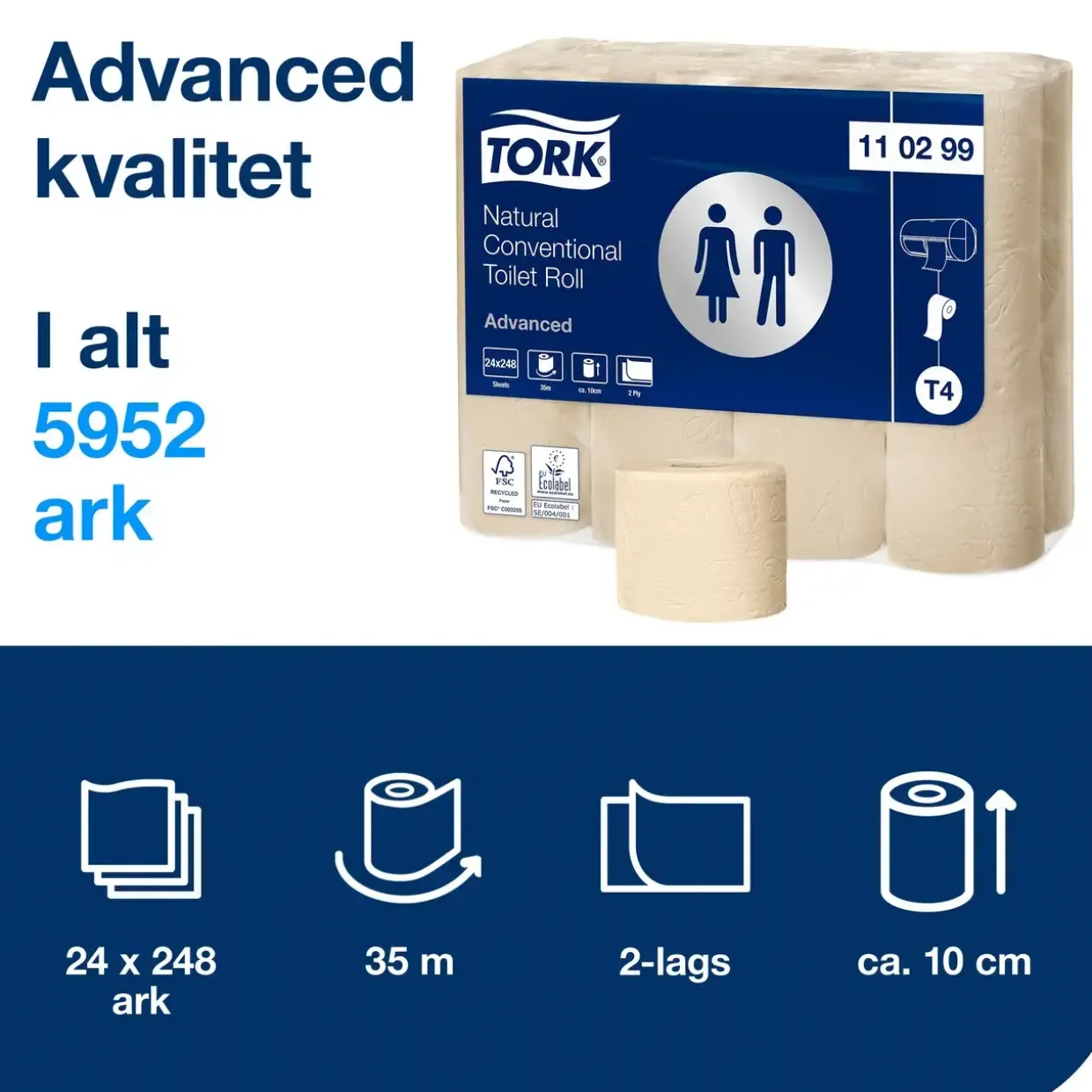 Toiletpapir - Tork 110299 T4 Advanced - Natur - 24 ruller