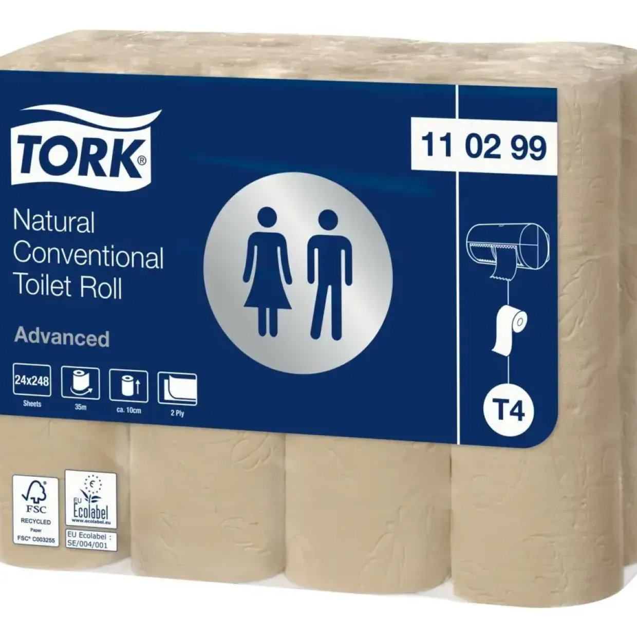 Toiletpapir, Tork 110299, T4 Advanced, Natur, 2-lags, Ø10,4cm, 100% genbrugspapir 24 ruller