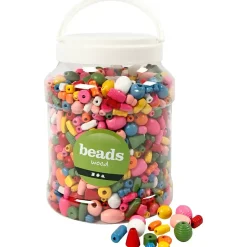 Træperler, diam. 5-28 mm, hulstr. 2,5-3 mm, ass. farver, 800 g, 2 l/ 1 spand