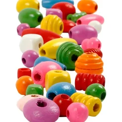 Træperler, diam. 5-28 mm, hulstr. 2,5-3 mm, ass. farver, 800 g, 2 l/ 1 spand