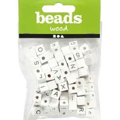 Træperler, str. 8x8 mm, hulstr. 3 mm, hvid, græstræ, A-Z, &, #, ?, 96ass.