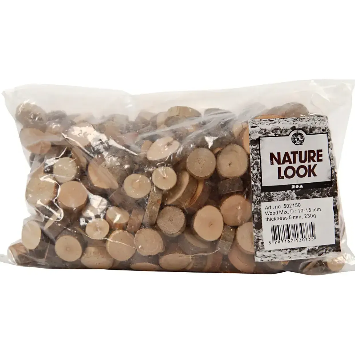 Træskiver med bark - Mix - Diameter 10-15 mm - Tykkelse 5 mm - 230 g