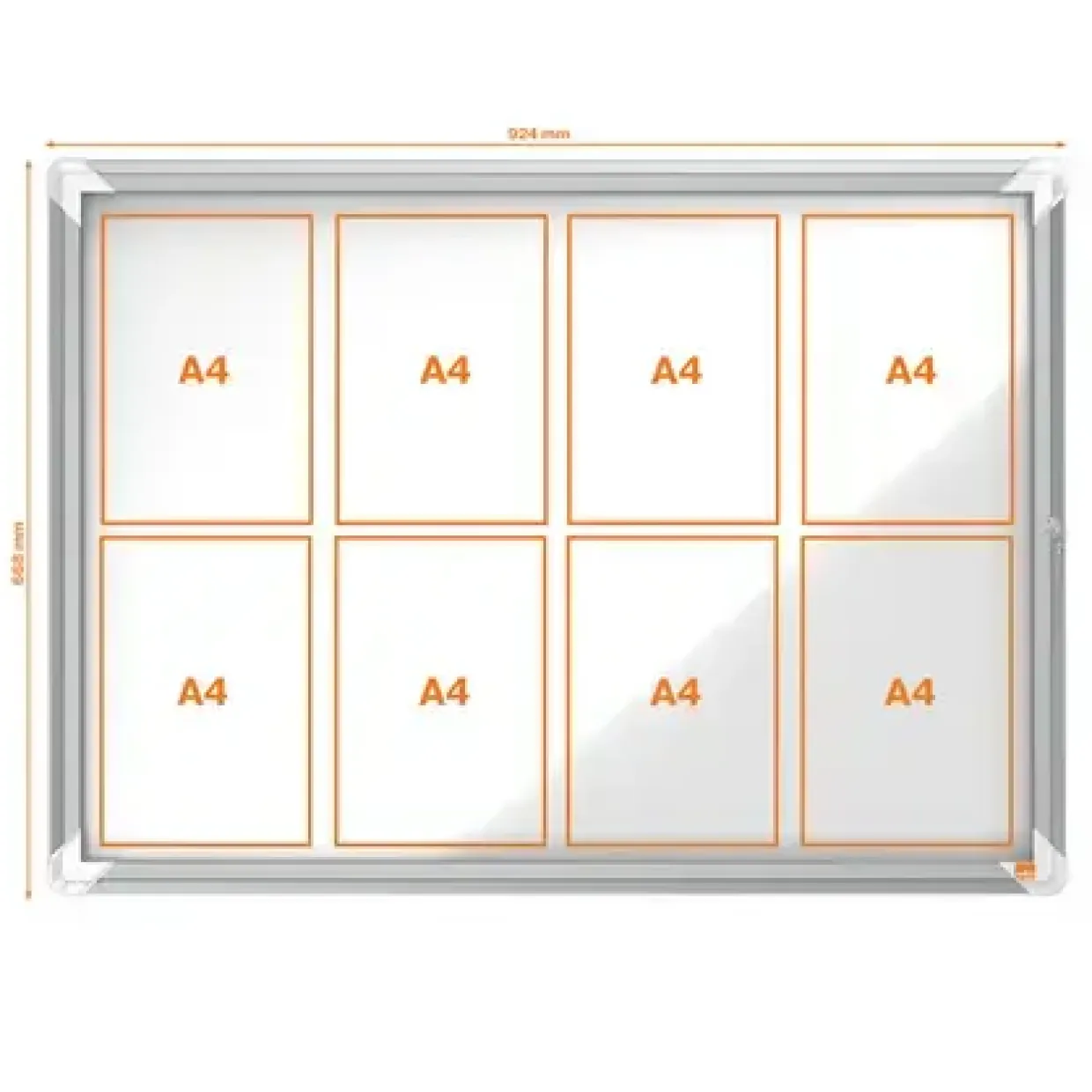 Udhængsskab glas indendør Nobo 8xA4 hvid