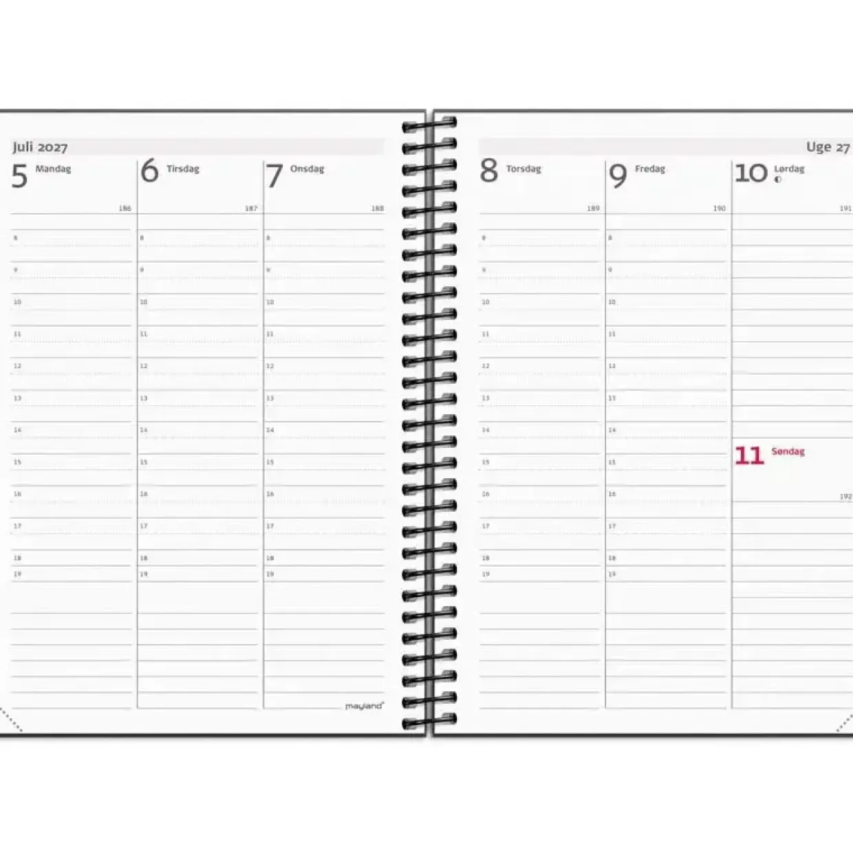 Ugekalender - A6 - Spiral - Højformat - Genbrugskarton - Matsort - 2027 - Mayland - 27201120