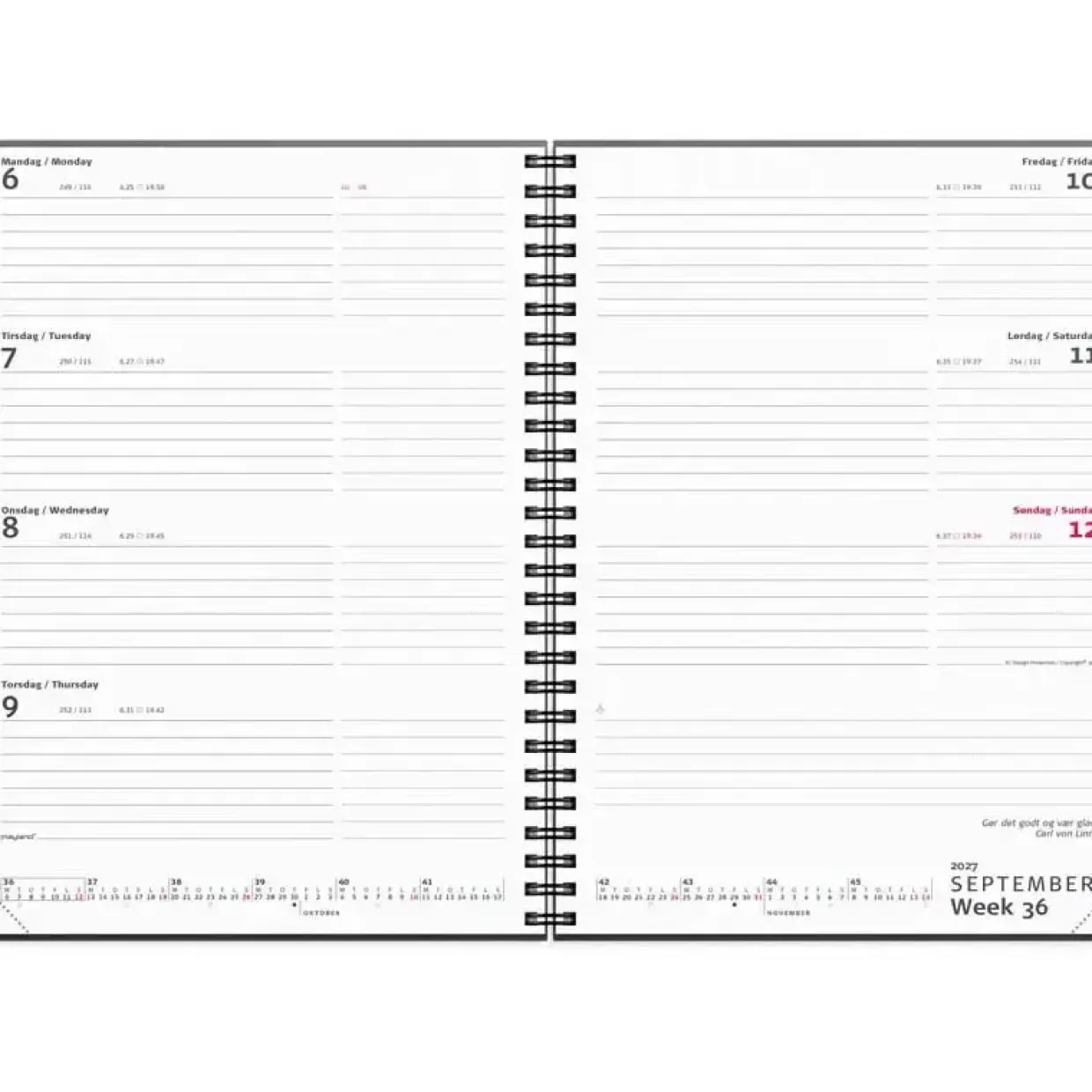 Ugekalender International - A5 - Tværformat - Spiral - Genbrugskarton - Sort - 2027 - Mayland - 27200700