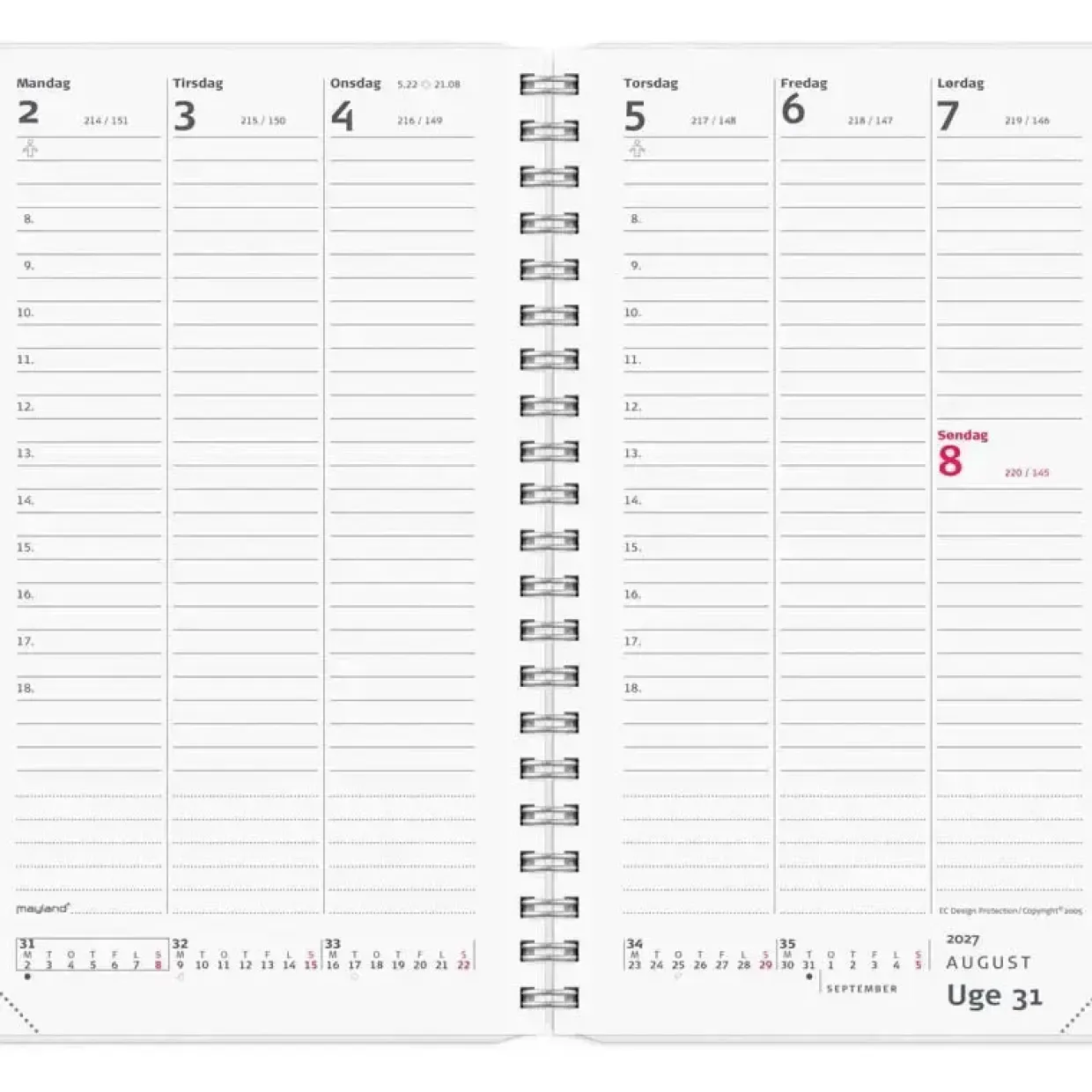 Ugekalender International - m/4 illu. - 101x170mm - Spiral - Højformat - 2027 - Mayland - 27088100