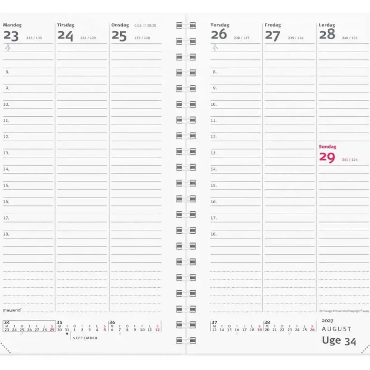 Ugekalender International REFILL - 102x168mm - Spiral - Højformat - 2027 - Mayland - 27088500