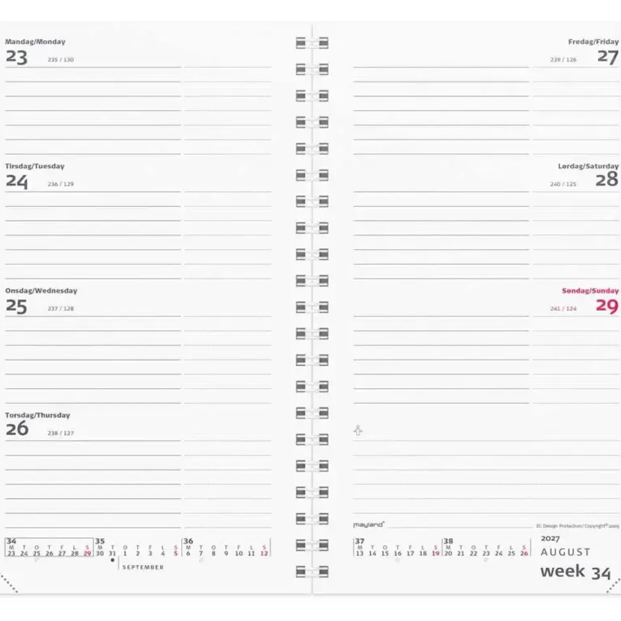 Ugekalender International REFILL - 98x170mm - Spiral - Tværformat - 2027 - Mayland - 27085500