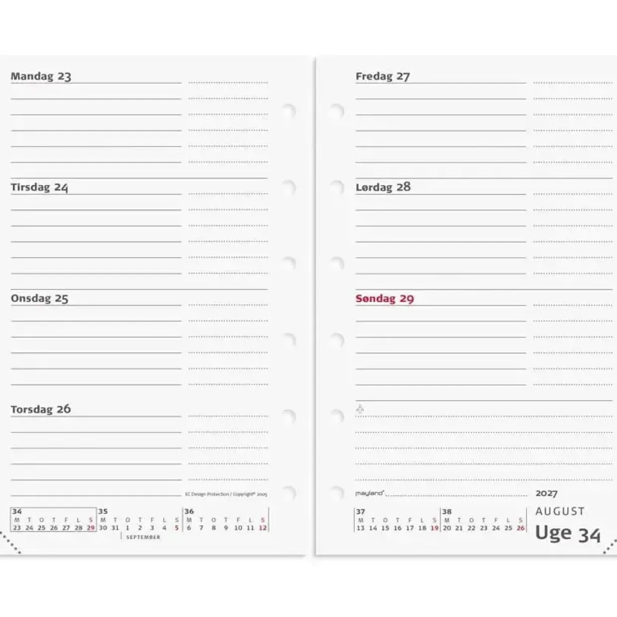 Ugekalender REFILL - Mini system - 83x134mm - Tværformat 2027 - Mayland - 27355100
