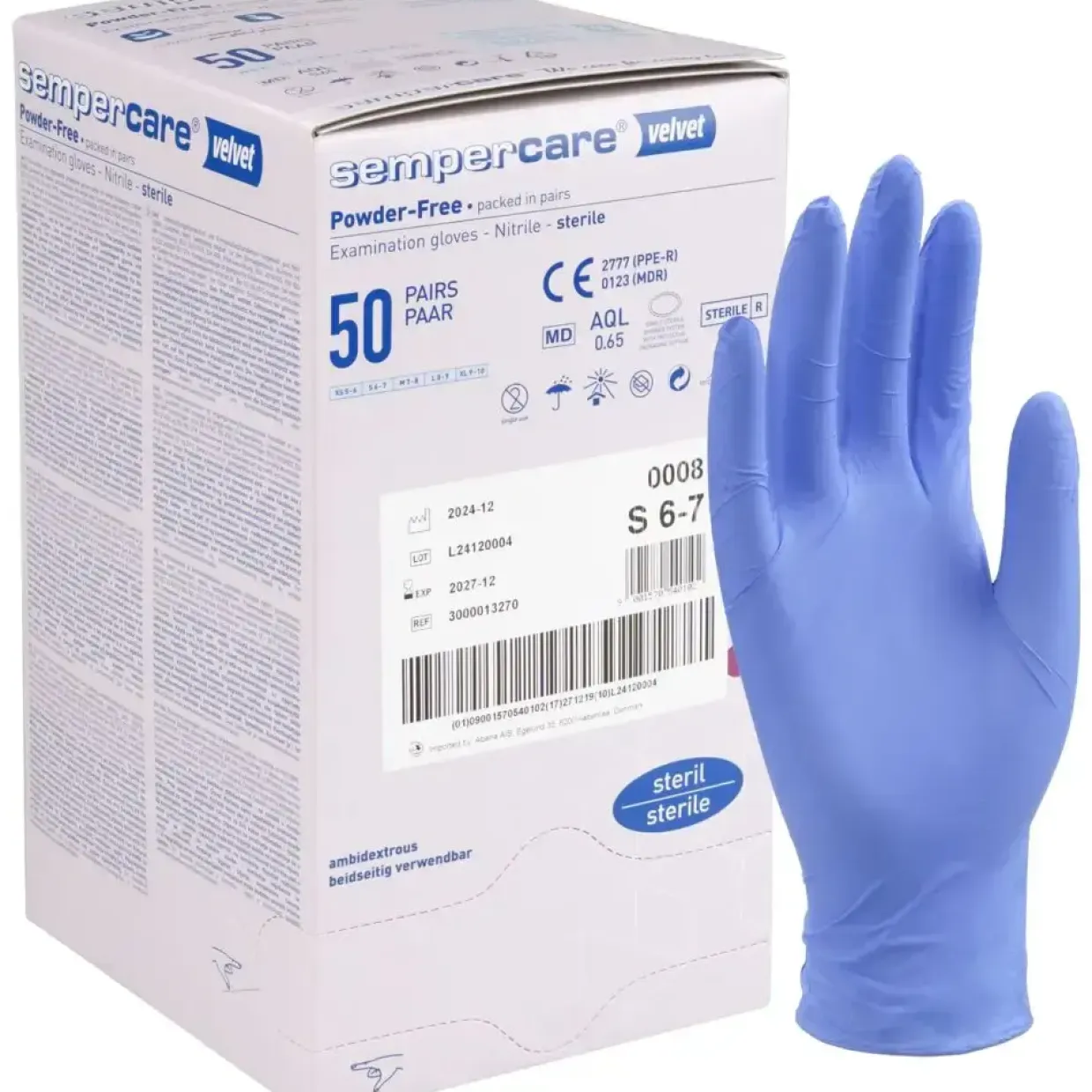 Undersøgelseshandske, Sempercare Velvet, S, lavendelblå, nitril, pudderfri, steril - 300 par