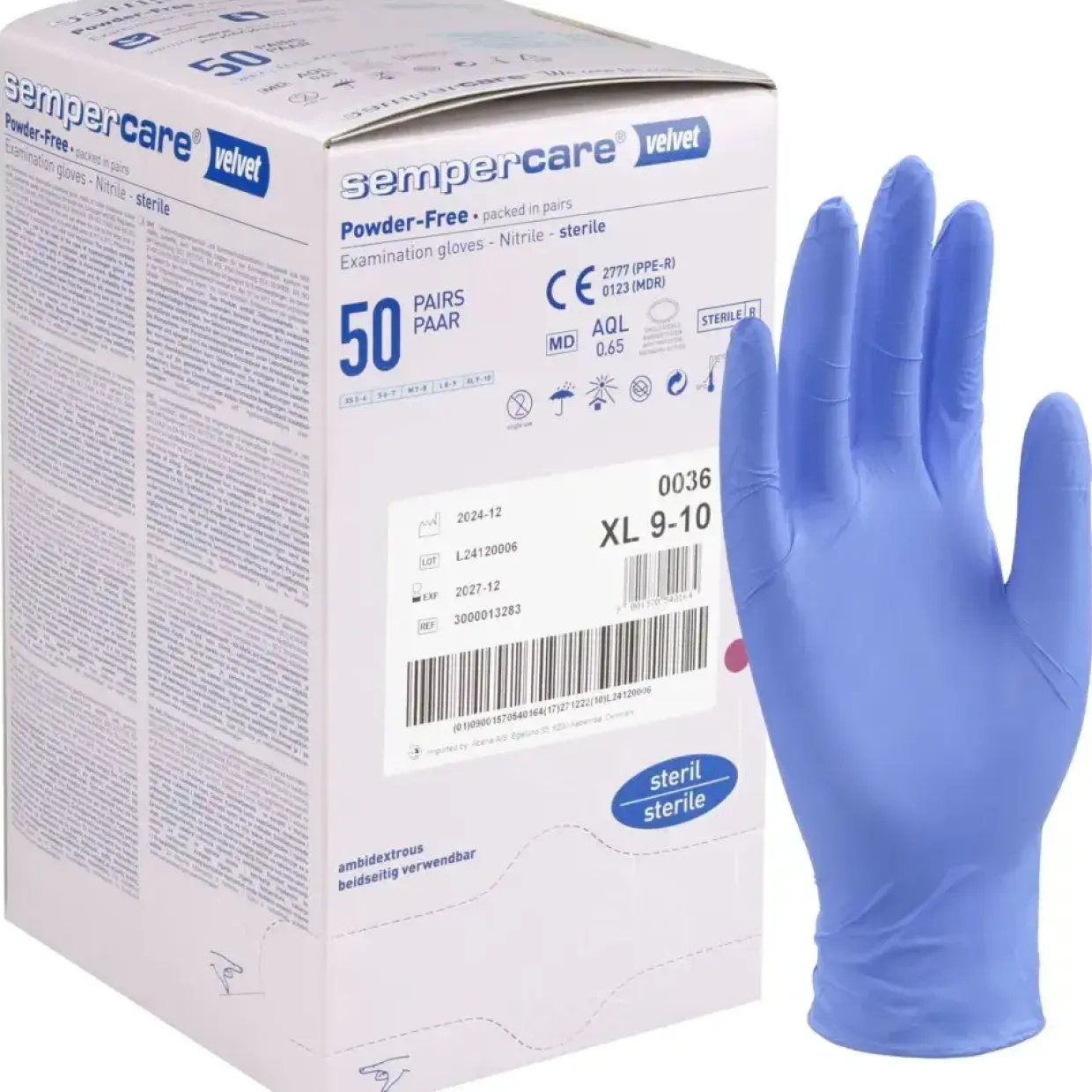 Undersøgelseshandske, Sempercare Velvet, L, lavendelblå, nitril, pudderfri, steril - 300 par