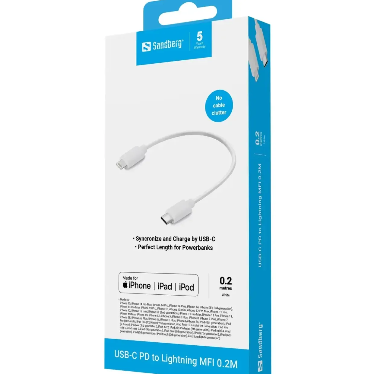 USB-C, Sandberg USB-C PD to Lightning MFI 0.2M, hvid