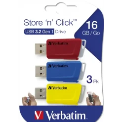 USB stik - Verbatim Store 'n' Click 16GB (3-pack) - Rød/Blå/Gul - USB 3.2 Gen 1