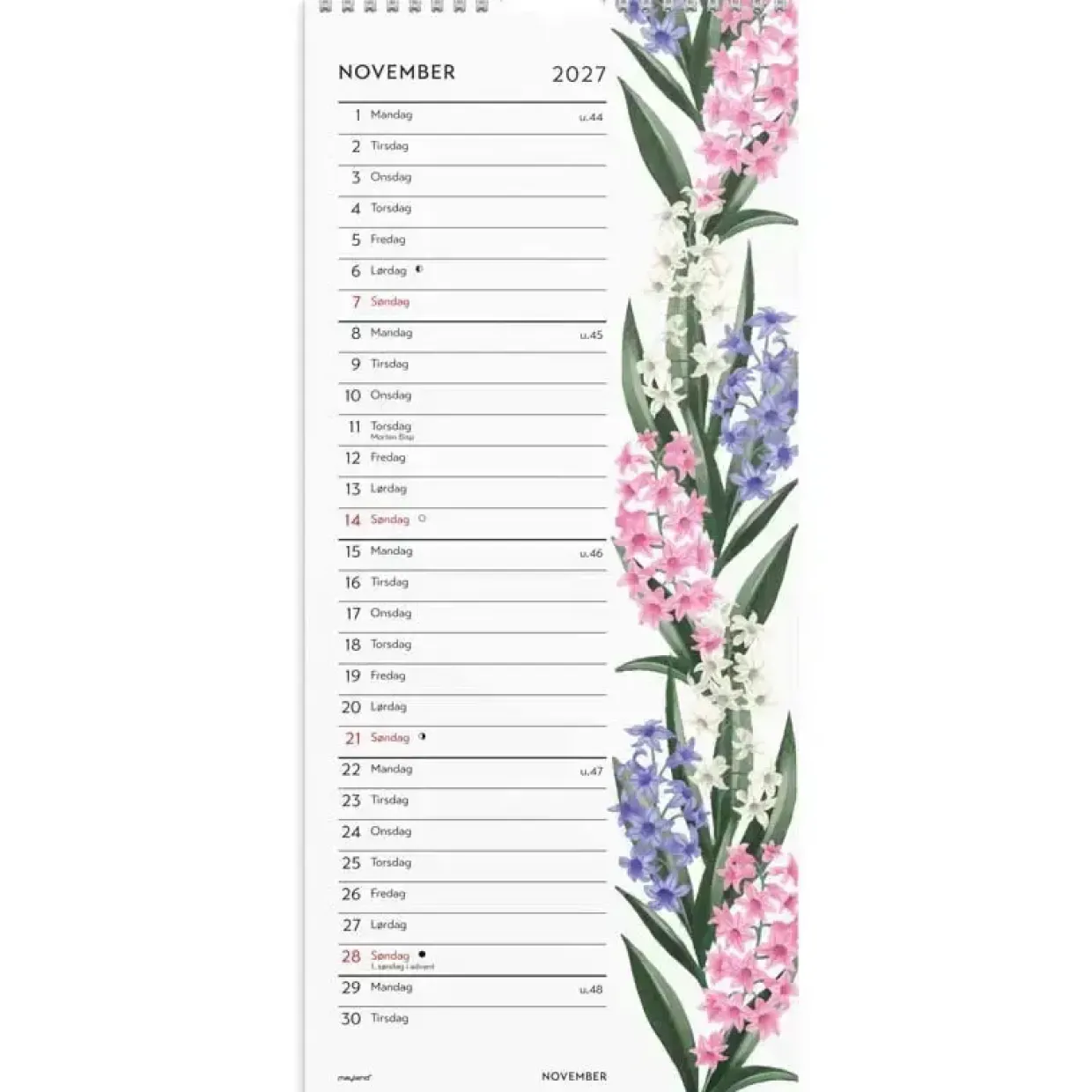 Vægkalender - Blomster - 190x434mm - Spiral - 2027 - Mayland - 27066110