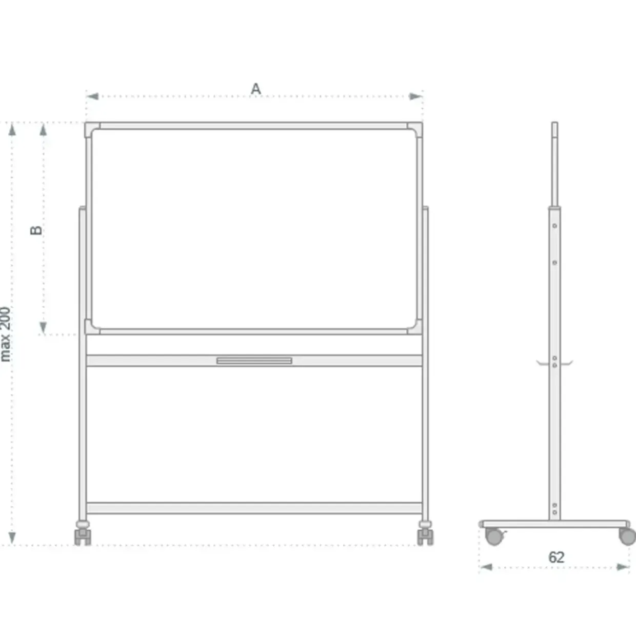 Whiteboard tavle på hjul, dobbeltsidet, inkl pennebakke, Naga, 120 X 90 cm
